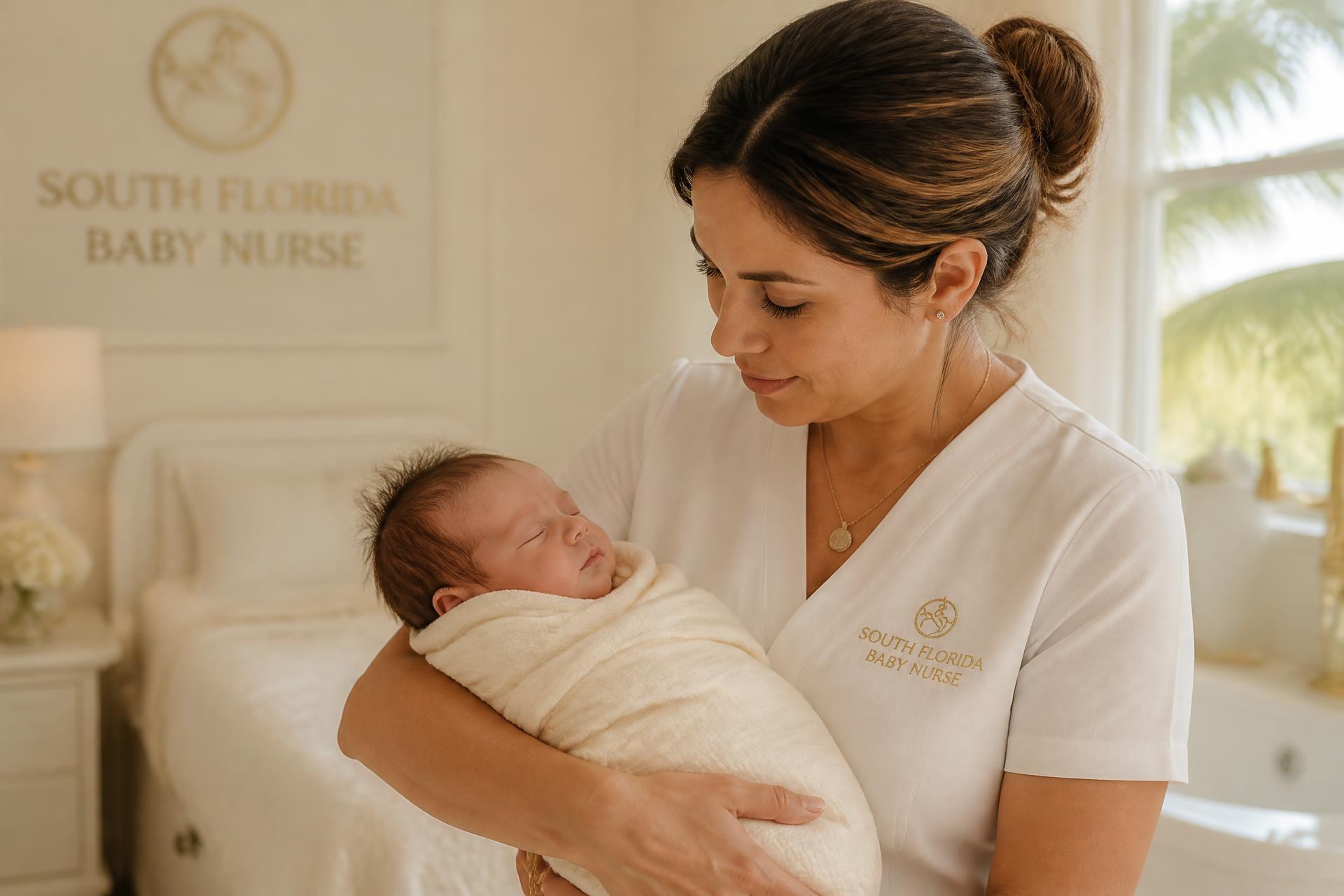 Newborn Baby Nurse holding a swaddled newborn in a South Florida nursery